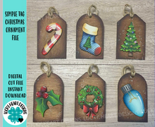 Load image into Gallery viewer, Simple Christmas Stocking Tag File SVG, Santa, Wreath, Candy Cane, Holly, Tree, Ornament, Holiday Glowforge, LuckyHeartDesignsCo