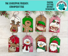 Load image into Gallery viewer, Tag Christmas Friends Ornament File SVG, Santa, Rudolph, Elf, Moose, Penguin, Snowman, Gingerbread, Stocking Glowforge, LuckyHeartDesignsCo