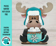 Load image into Gallery viewer, Moose Winter Hot Cocoa Standing File SVG, Snowflake, Frosty, Snowman, Reindeer, Holiday, Tiered Tray, Glowforge, LuckyHeartDesignsCo