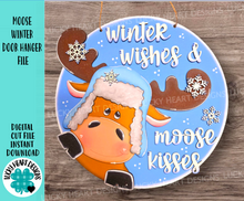Load image into Gallery viewer, Moose Winter Wishes Door Hanger Sign SVG File, Snowman, Snowflake Sign,  Glowforge, LuckyHeartDesignsCo