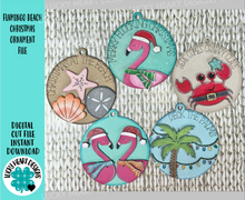 Load image into Gallery viewer, Flamingo Beach Christmas Ornament File SVG, Glowforge, Crab, Shells, Palm Tree, LuckyHeartDesignsCo