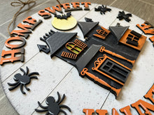 Load image into Gallery viewer, Home Sweet Haunted Home round door hanger Sign File, Glowforge Halloween, LuckyHeartDesignsCo