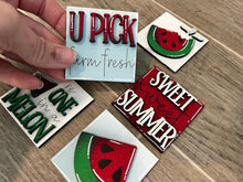 Load image into Gallery viewer, MINI Watermelon Interchangeable Leaning Sign File SVG, Summer fruit Tiered Tray Glowforge, LuckyHeartDesignsCo
