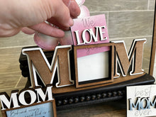 Load image into Gallery viewer, MINI Mother's Day Interchangeable Leaning Sign File SVG, MOM Tiered Tray Glowforge, LuckyHeartDesignsCo