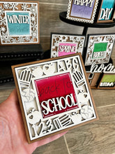 Load image into Gallery viewer, MINI Seasonal Set Interchangeable Leaning Sign File SVG, Summer Tiered Tray Glowforge, LuckyHeartDesignsCo