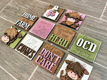 Load image into Gallery viewer, MINI Highland Cow Interchangeable Leaning Sign File SVG, Farm Tiered Tray Glowforge, LuckyHeartDesignsCo