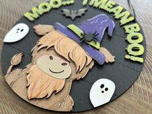 Load image into Gallery viewer, Highland Cow Halloween Door Hanger File SVG, Farm Glowforge, Witch, LuckyHeartDesignsCo