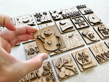 Load image into Gallery viewer, MINI Winter Interchangeable Leaning Sign File SVG, Snowman, Hot Cocoa, Snowflake, Mittens, Tiered Tray Glowforge, LuckyHeartDesignsCo
