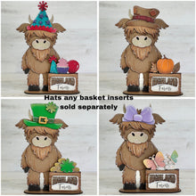 Load image into Gallery viewer, Standing Highland Cow Animal Hats Interchangeable TINY Flower Basket File SVG, Leaning sign, Holiday, Glowforge, LuckyHeartDesignsCo