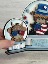 Load image into Gallery viewer, Highland Cow Fourth of July Snow Globe Interchangeable File SVG, Glowforge, Summer, America, Farm, USA, Tiered Tray LuckyHeartDesignsCo