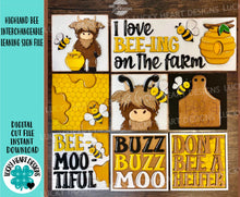 Load image into Gallery viewer, Highland Bee Interchangeable Leaning Sign File SVG, Cow, Farm, Honey, Glowforge, LuckyHeartDesignsCo