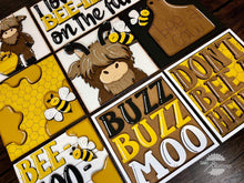 Load image into Gallery viewer, Highland Bee Interchangeable Leaning Sign File SVG, Cow, Farm, Honey, Glowforge, LuckyHeartDesignsCo
