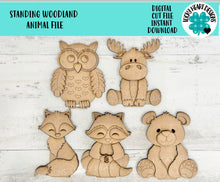 Load image into Gallery viewer, Standing Woodland Animal File SVG, Zoo Nursery Circus Forest Owl, Moose, Fox, Raccoon, Bear Tiered Tray Glowforge, LuckyHeartDesignsCo
