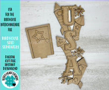 Load image into Gallery viewer, USA for the Birdhouse Interchangeable File SVG, Glowforge, Fall, Seasonal, Holiday Shapes, America, Fourth of July, LuckyHeartDesignsCo