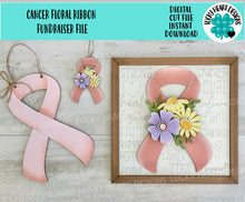 Load image into Gallery viewer, Cancer Floral Ribbon Sign File SVG, Glowforge, Awareness, Fundraiser, LuckyHeartDesignsCO