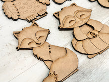 Load image into Gallery viewer, Standing Woodland Animal File SVG, Zoo Nursery Circus Forest Owl, Moose, Fox, Raccoon, Bear Tiered Tray Glowforge, LuckyHeartDesignsCo