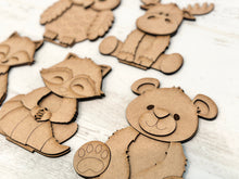 Load image into Gallery viewer, Standing Woodland Animal File SVG, Zoo Nursery Circus Forest Owl, Moose, Fox, Raccoon, Bear Tiered Tray Glowforge, LuckyHeartDesignsCo