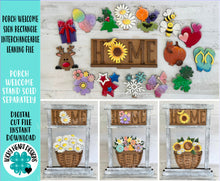 Load image into Gallery viewer, Porch Welcome Sign Rectangle Interchangeable Leaning Sign File SVG, Flower Basket, Seasonal Home Sign, Holiday Shapes, LuckyHeartDesignsCo