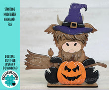 Load image into Gallery viewer, Standing Halloween Highland File SVG, Pumpkin, Witch, Jack-o-lantern, Farm, Tiered Tray Glowforge, LuckyHeartDesignsCo