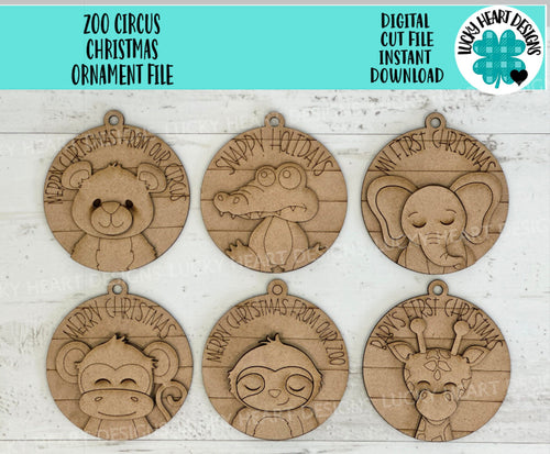 Zoo Circus Ornament File SVG, Glowforge, Bear, Alligator, Elephant, Monkey, Sloth, Giraffe, Baby Christmas, LuckyHeartDesignsCo