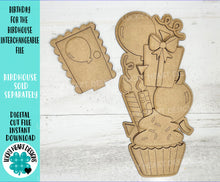 Load image into Gallery viewer, Birthday for the Birdhouse Interchangeable File SVG, Balloons Cupcake Candle Present Seasonal Holiday Shapes, Glowforge, LuckyHeartDesignsCo