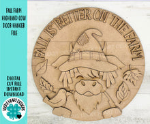 Load image into Gallery viewer, Fall Farm Highland Cow Door Hanger File SVG, Scarecrow, Leaves, Pumpkin, Glowforge, LuckyHeartDesignsCo
