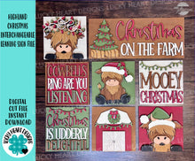 Load image into Gallery viewer, Highland Christmas Interchangeable Leaning Sign File SVG, Cow Farm Tree, Glowforge, Santa, LuckyHeartDesignsCO