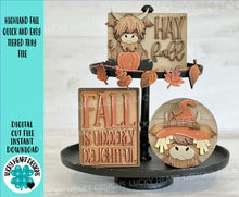 Load image into Gallery viewer, Highland Fall Quick and Easy Tiered Tray File SVG, Glowforge Farm, Cow, Pumpkin, Leaves, Leaf, Fall, LuckyHeartDesignsCo