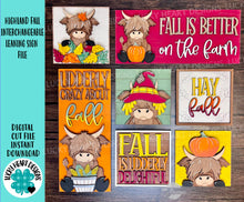 Load image into Gallery viewer, Highland Fall Interchangeable Leaning Sign File SVG, Glowforge, Farm, Cow, Scarecrow, Pumpkin, Leaves, Leaf, Autumn, LuckyHeartDesignsCo
