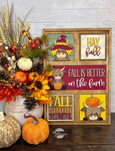 Load image into Gallery viewer, Highland Fall Interchangeable Leaning Sign File SVG, Glowforge, Farm, Cow, Scarecrow, Pumpkin, Leaves, Leaf, Autumn, LuckyHeartDesignsCo