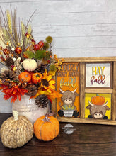 Load image into Gallery viewer, Highland Fall Interchangeable Leaning Sign File SVG, Glowforge, Farm, Cow, Scarecrow, Pumpkin, Leaves, Leaf, Autumn, LuckyHeartDesignsCo