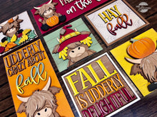 Load image into Gallery viewer, Highland Fall Interchangeable Leaning Sign File SVG, Glowforge, Farm, Cow, Scarecrow, Pumpkin, Leaves, Leaf, Autumn, LuckyHeartDesignsCo
