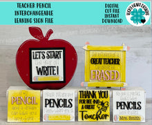 Load image into Gallery viewer, Teacher Pencil Interchangeable leaning sign File SVG, Glowforge School, Apple, Bee, School Gift, LuckyHeartDesignsCo
