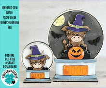 Load image into Gallery viewer, Highland Cow Witch Snow Globe Interchangeable File SVG, TINY Glowforge, Pumpkin Fall, Halloween, Trick Or Treat, LuckyHeartDesignsCo