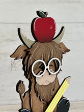 Load image into Gallery viewer, Highland Cow School Teacher Standing File SVG, Apple, Pencil, Classroom, Farm, Tiered Tray Glowforge, LuckyHeartDesignsCo