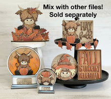 Load image into Gallery viewer, Fall Pumpkin Highland Standing File SVG, Pumpkin, Cow, Scarecrow, Leaves, Autumn, Farm, Tiered Tray Glowforge, LuckyHeartDesignsCo