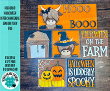 Load image into Gallery viewer, Highland Cow Halloween Interchangeable Leaning Sign File SVG, Glowforge Tiered Tray, Farm, Barn, Bat, Pumpkin, LuckyHeartDesignsCo