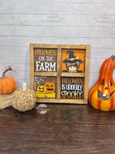 Load image into Gallery viewer, Highland Cow Halloween Interchangeable Leaning Sign File SVG, Glowforge Tiered Tray, Farm, Barn, Bat, Pumpkin, LuckyHeartDesignsCo