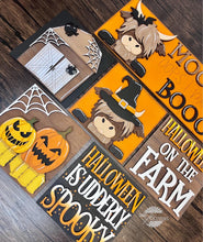 Load image into Gallery viewer, Highland Cow Halloween Interchangeable Leaning Sign File SVG, Glowforge Tiered Tray, Farm, Barn, Bat, Pumpkin, LuckyHeartDesignsCo