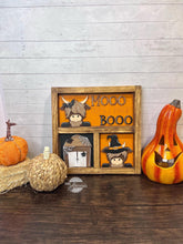 Load image into Gallery viewer, Highland Cow Halloween Interchangeable Leaning Sign File SVG, Glowforge Tiered Tray, Farm, Barn, Bat, Pumpkin, LuckyHeartDesignsCo
