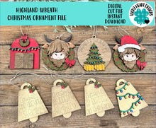 Load image into Gallery viewer, Highland Wreath Christmas Ornament File SVG, Glowforge, Cow, Cowbell, Farm, LuckyHeartDesignsCo