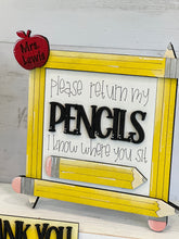 Load image into Gallery viewer, Teacher Pencil Interchangeable leaning sign File SVG, Glowforge School, Apple, Bee, School Gift, LuckyHeartDesignsCo
