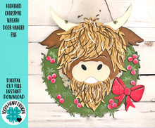 Load image into Gallery viewer, Highland Christmas Wreath Door Hanger File SVG, Glowforge Cow Holiday, Farm, LuckyHeartDesignsCo