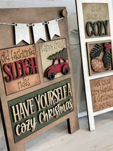 Load image into Gallery viewer, MINI Cozy Christmas Interchangeable Leaning Sign File SVG, Farmhouse, Deer, Tree, Hot Cocoa, Tiered Tray Glowforge, LuckyHeartDesignsCo