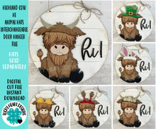 Load image into Gallery viewer, Highland Cow Hi Animal Hats Interchangeable Door Hanger File SVG, (Cow only) Christmas, Fall, Halloween, Glowforge, LuckyHeartDesignsCo