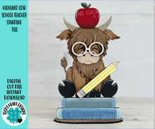 Load image into Gallery viewer, Highland Cow School Teacher Standing File SVG, Apple, Pencil, Classroom, Farm, Tiered Tray Glowforge, LuckyHeartDesignsCo