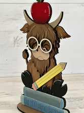 Load image into Gallery viewer, Highland Cow School Teacher Standing File SVG, Apple, Pencil, Classroom, Farm, Tiered Tray Glowforge, LuckyHeartDesignsCo