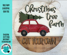 Load image into Gallery viewer, Tree Car Christmas Sign File SVG, Holiday Glowforge, Farmhouse, Truck, Rustic, Door Hanger, LuckyHeartDesignsCo