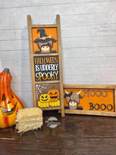 Load image into Gallery viewer, Highland Cow Halloween Interchangeable Leaning Sign File SVG, Glowforge Tiered Tray, Farm, Barn, Bat, Pumpkin, LuckyHeartDesignsCo