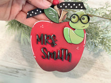 Load image into Gallery viewer, Apple Bookworm Teacher Christmas Ornament File SVG, Glowforge Teacher Gift, Apple, School, Classroom, LuckyHeartDesignsCo